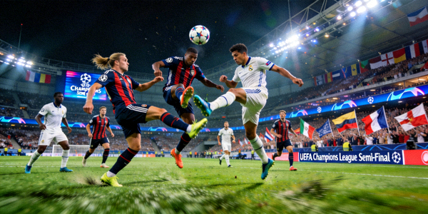 欧冠联赛半决赛激烈比赛现场，球员争抢足球瞬间